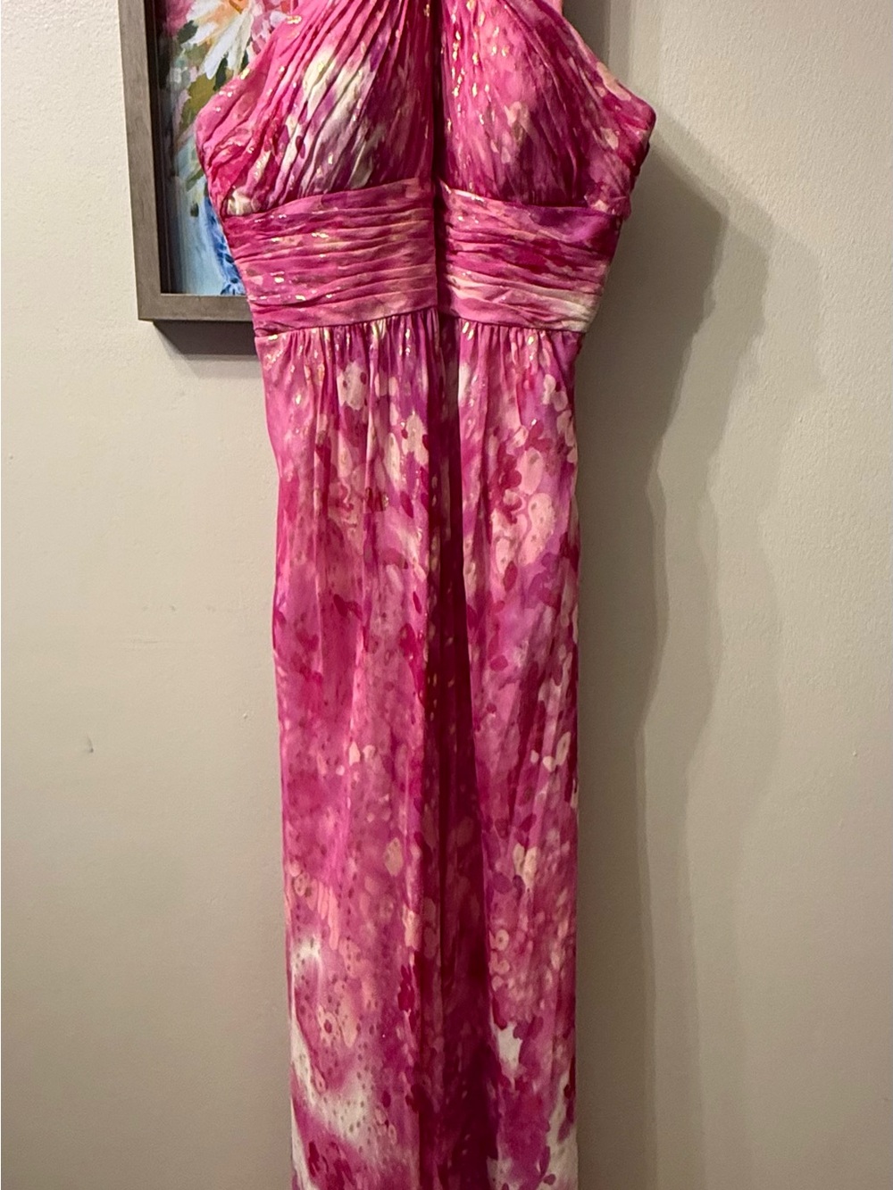 NWT Aidan Mattox Fuscia Halter Maxi Gown with gold metallic detail